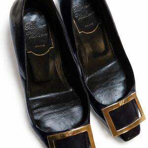 Roger Vivier Navy Blue Patent Pumps with Gold Buckle